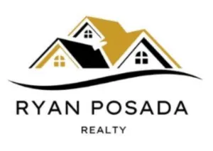 Three stylized house roofs above RYAN POSADA REALTY in black and gold colors.